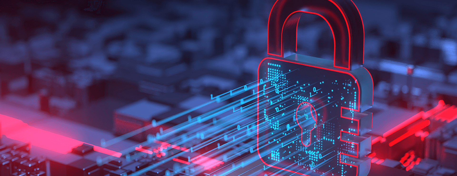 A digital, bright red and blue visualization of a padlock that sits on a computer board and symbolizes data security or cyber protection.